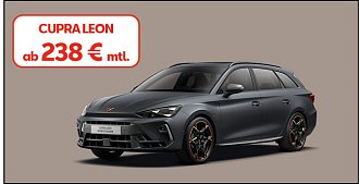 Fahrzeugbild Neuwagen grauer CUPRA Leon vor einem orangenen Hintergrund mit Textfeld CUPRA Leon ab 238(Cupra)