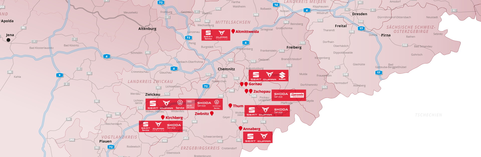 Karte mit den 9 RATIO MOBIL Standorten in Sachsen